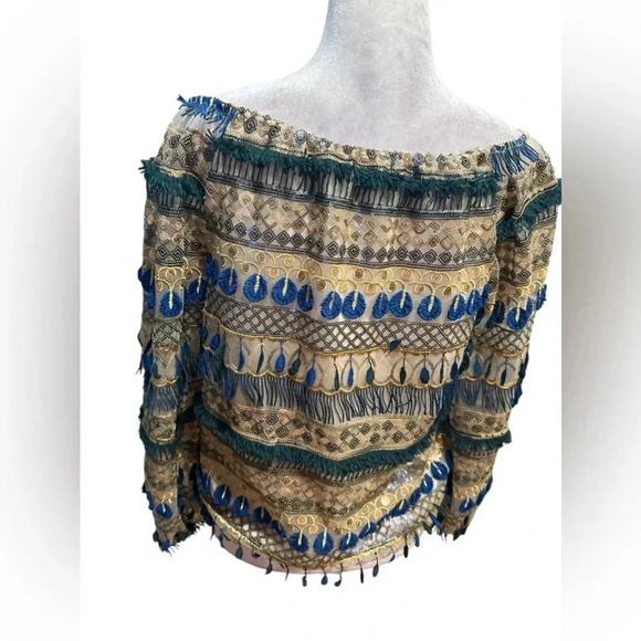 Alice + Olivia Mixed Media Boho Beaded Fringe Blouse size S - Picture 8 of 16